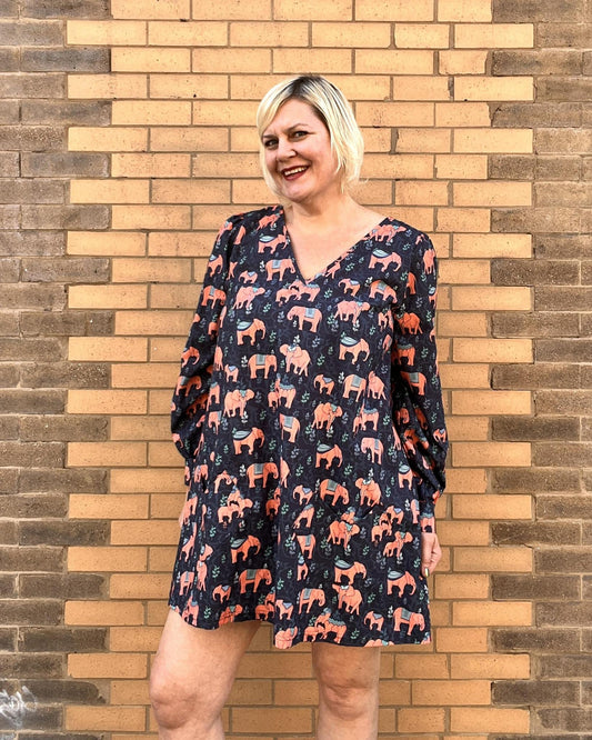 Squasht Winifred Shift Dress with Long Sleeves in Elephant Print