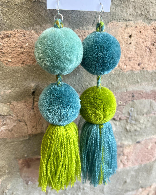 SWIETstuff Extra Large Pom Pom Earrings Shades of Blue & Green