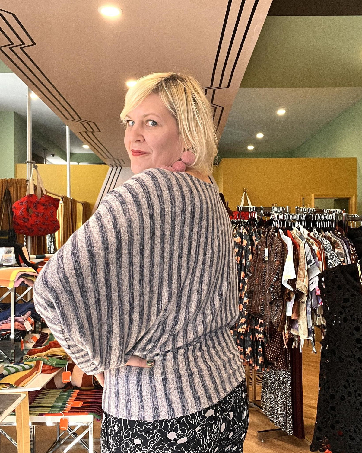 Squasht Batwing Sweater in Lightweight Light Gray and Blue Stripes
