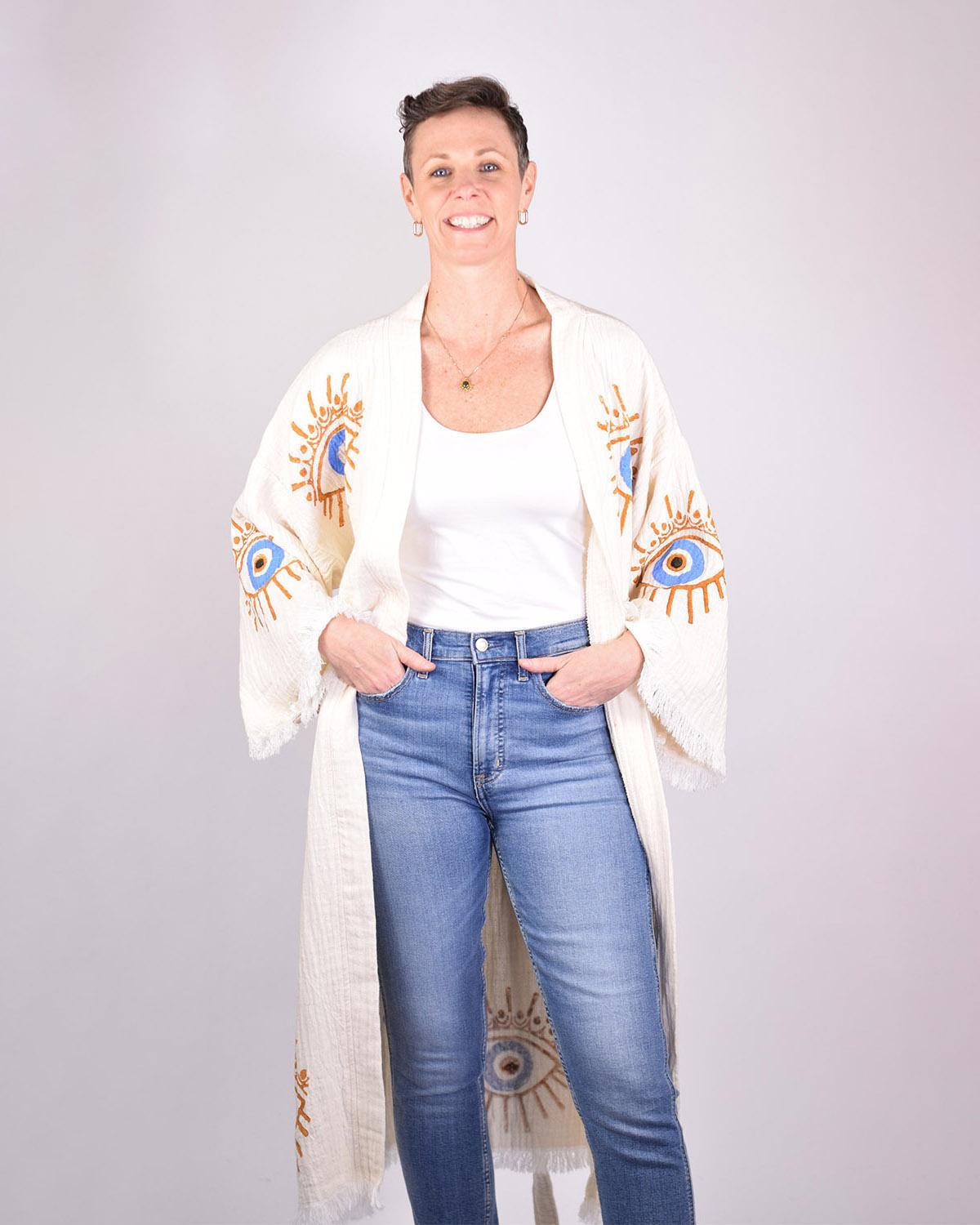 Txtile Luxury Turkish Cotton Evil Eye Kimono/Robe - Cream with Gold Eyes