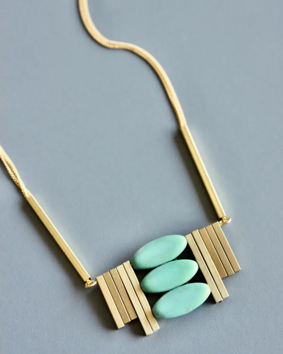 David Aubrey Turquoise and Brass Art Deco Necklace