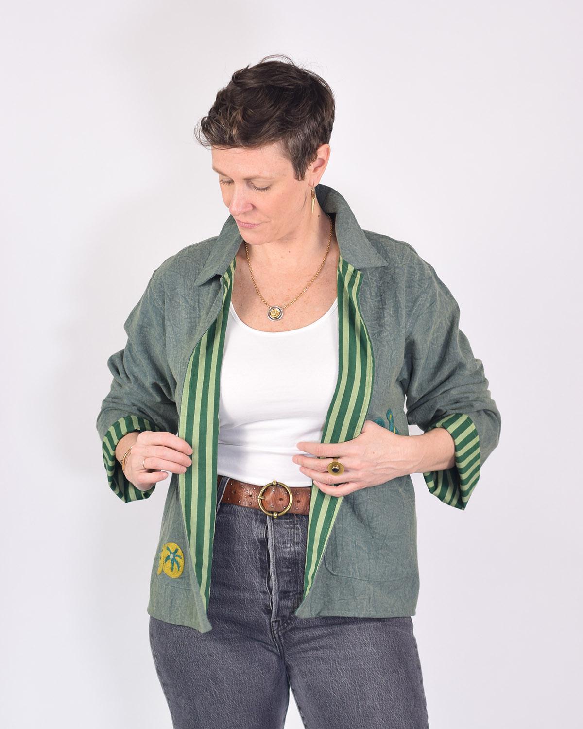 Txtile Dusty Teal Lightweight Garden Motif Canvas Embroidered Jacket