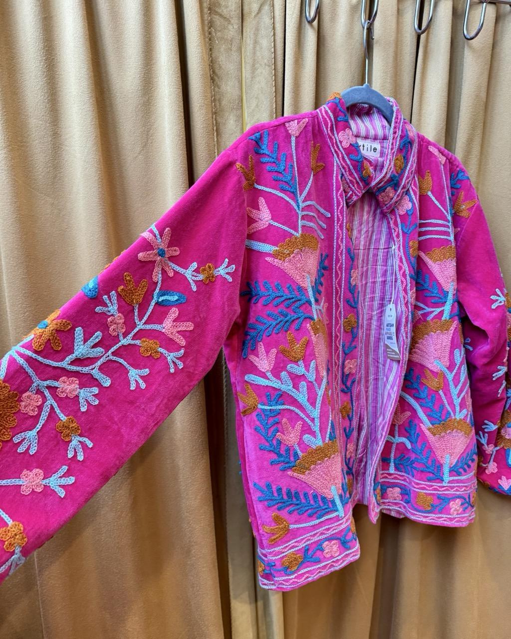 Txtile Pink Velvet Jacket with Embroidered Floral Design