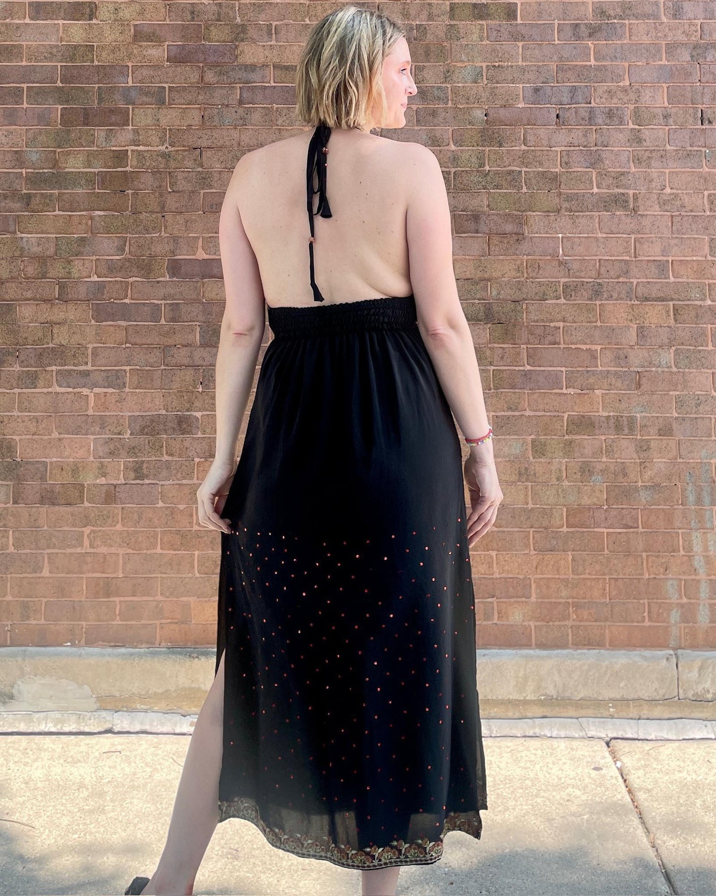 Indie Ella Eden Backless Silk Key Hole Maxi Dress in Ornate Noir