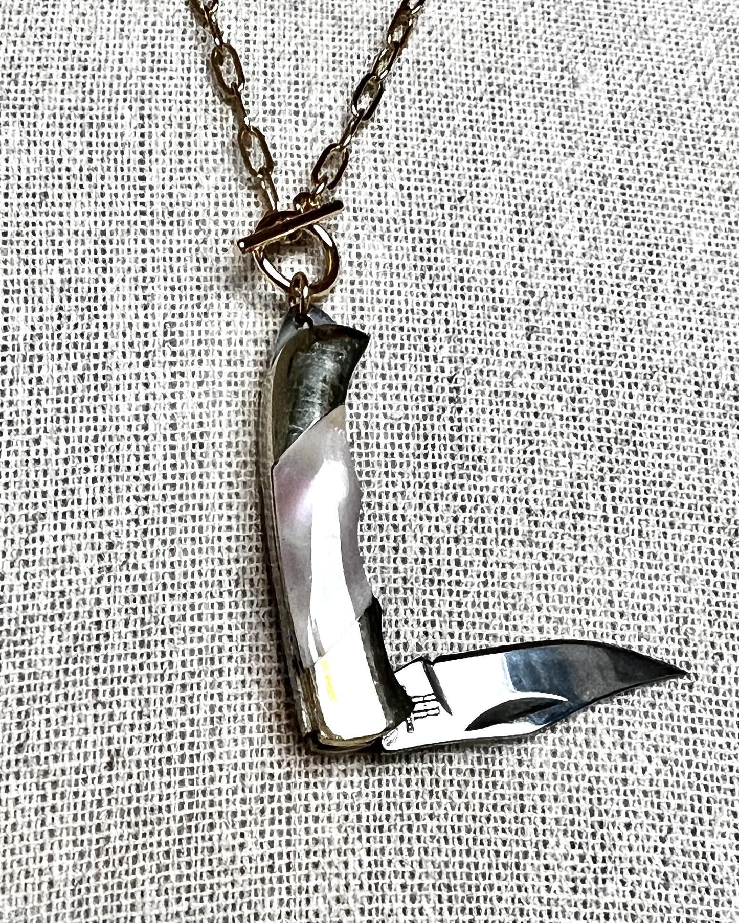 1979 Jewelry Knife Necklace 1.5 inch Mother of Pearl - 14 kt GF chain