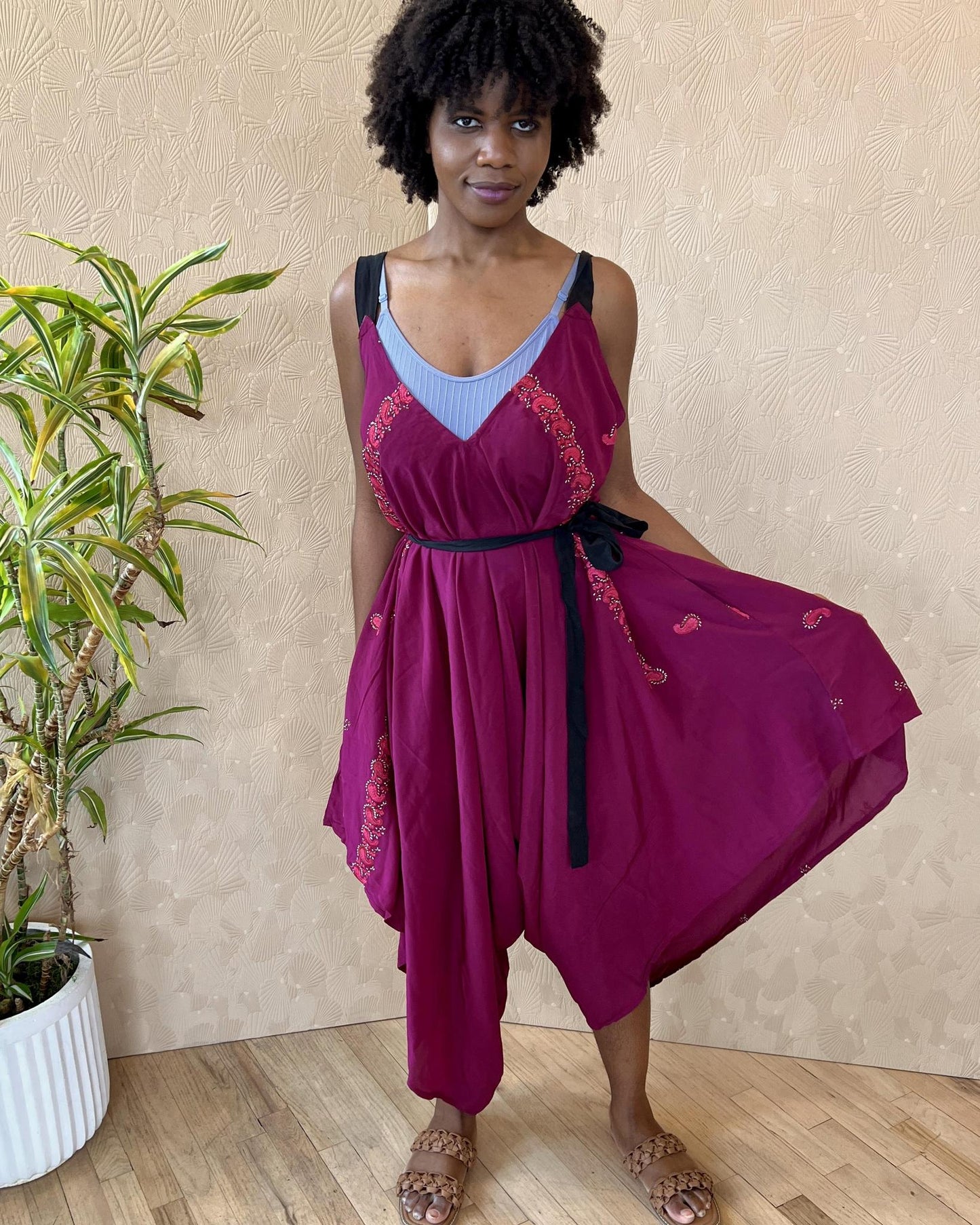 Indie Ella Zatanna Boho Silk Jumpsuit in Red Red Wine