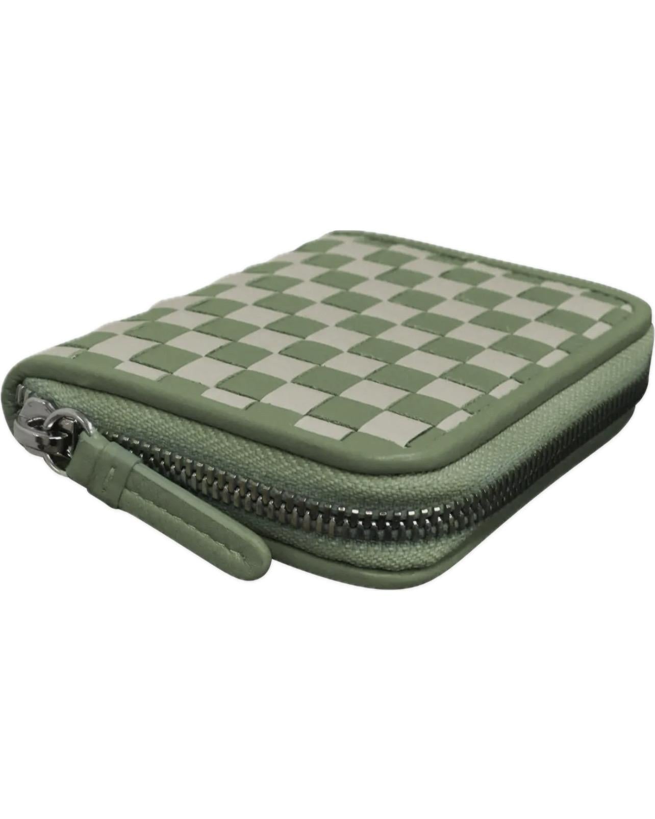 ili Leather Checkerboard Zip Around Wallet in Sage/Stone