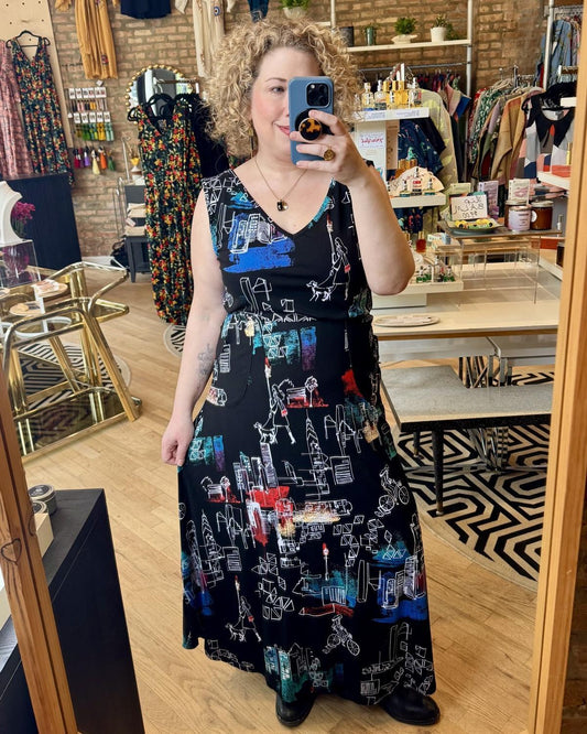 Squasht Maxi Dress Black with City Girl, Bike, and Dog Print - Size Small, Medium
