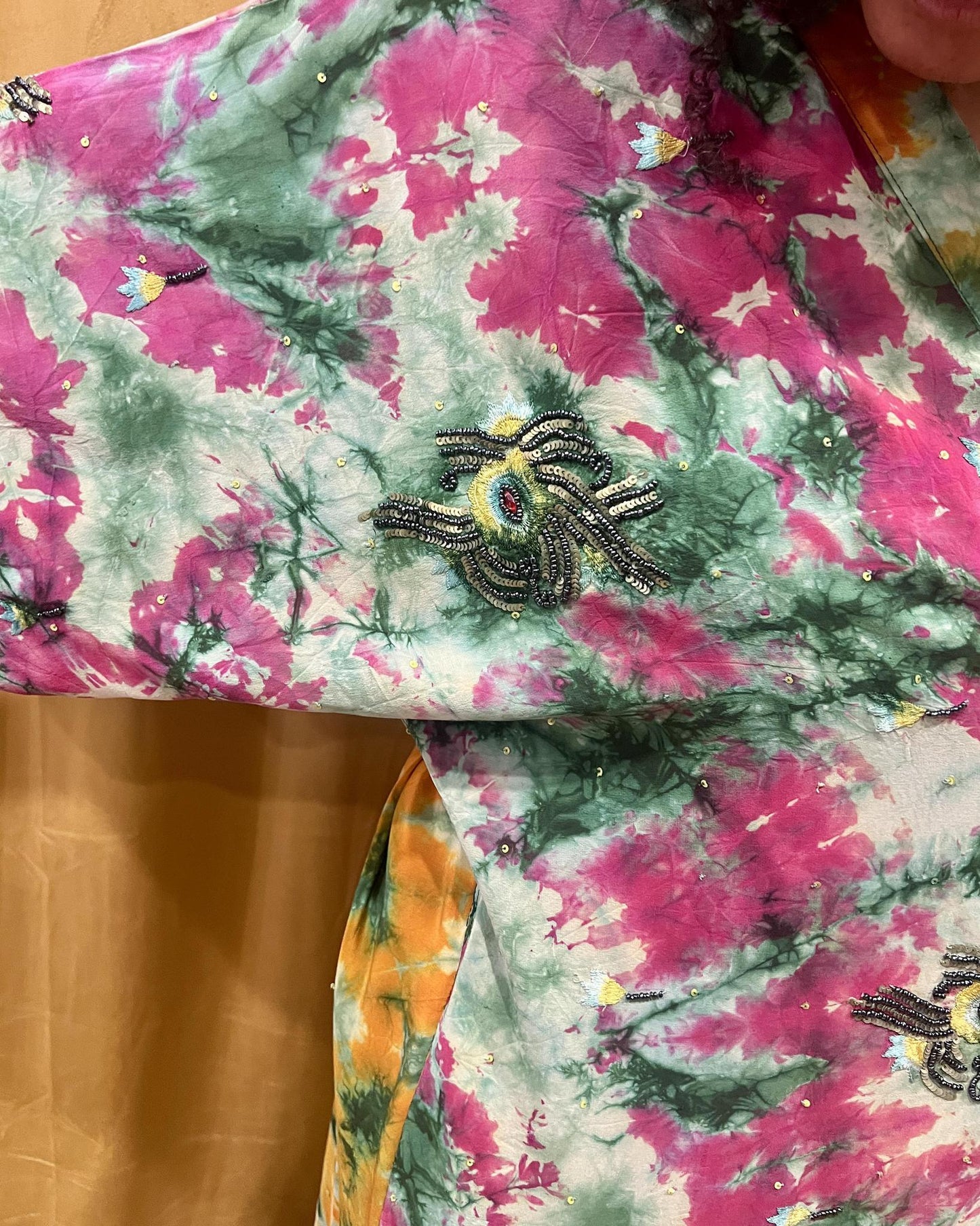 Indie Ella Double Flannery Lined Crepe Silk Kimono in Pink & Green Tie Dye