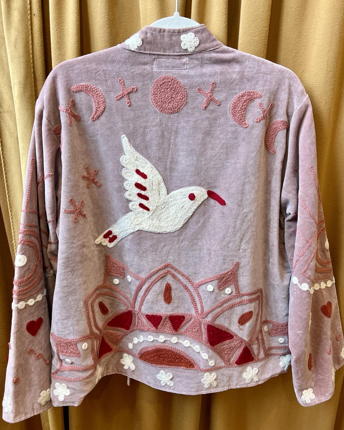 Txtile Blush Pink Velvet Jacket with Embroidered Dove Design