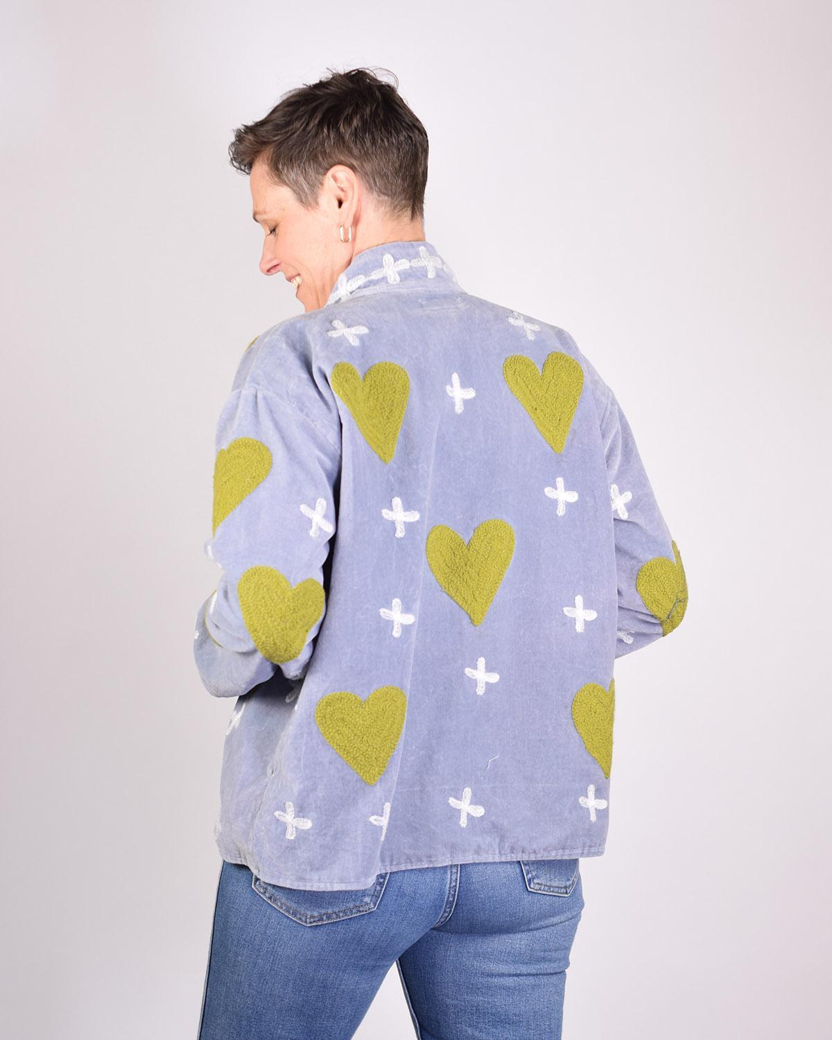 Txtile Light Gray Velvet Jacket with Embroidered Moss Green Hearts
