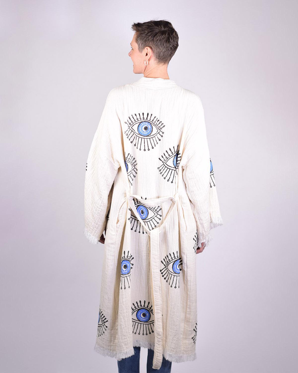 Txtile Luxury Turkish Cotton Evil Eye Kimono/Robe - Cream with Blue Eyes