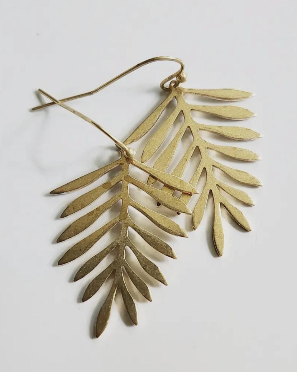 Sara Sela Brass Fern Leaf Dangle Earrings