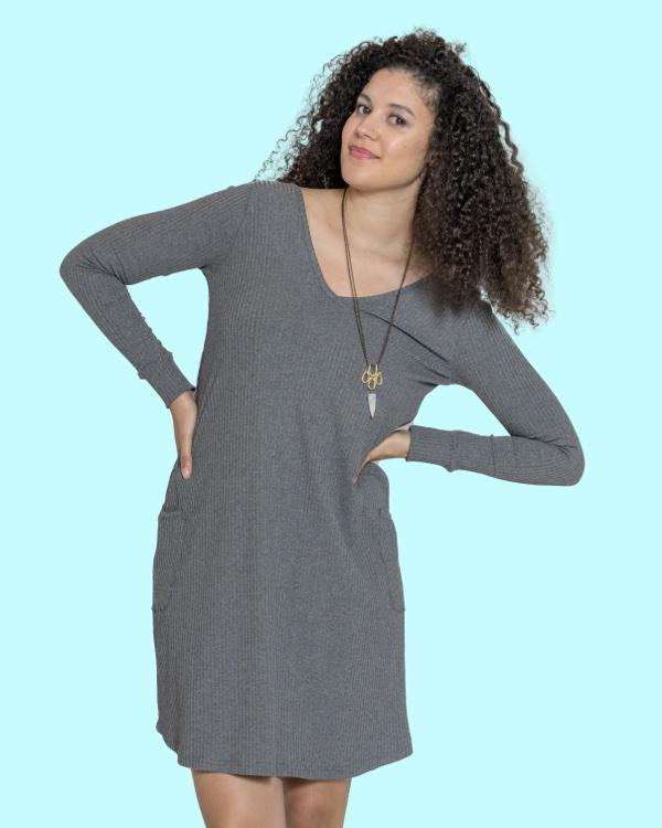 Squasht Long Sleeve Shift Dress V-neck/ Scoop Neck Heather Grey Rib Knit - SALE