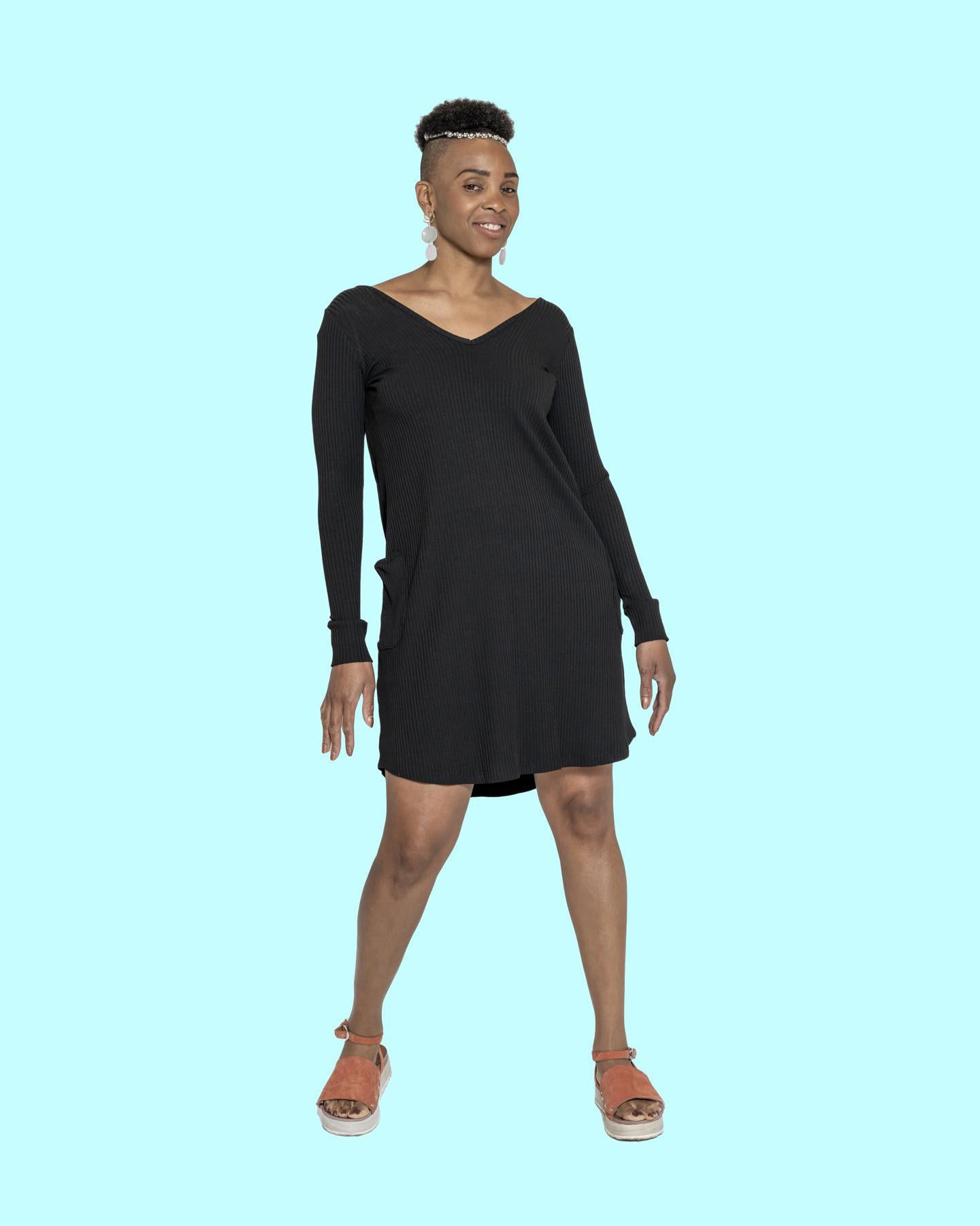 Squasht Long Sleeve Shift Dress V-neck/ Scoop Neck Black Rib - SALE