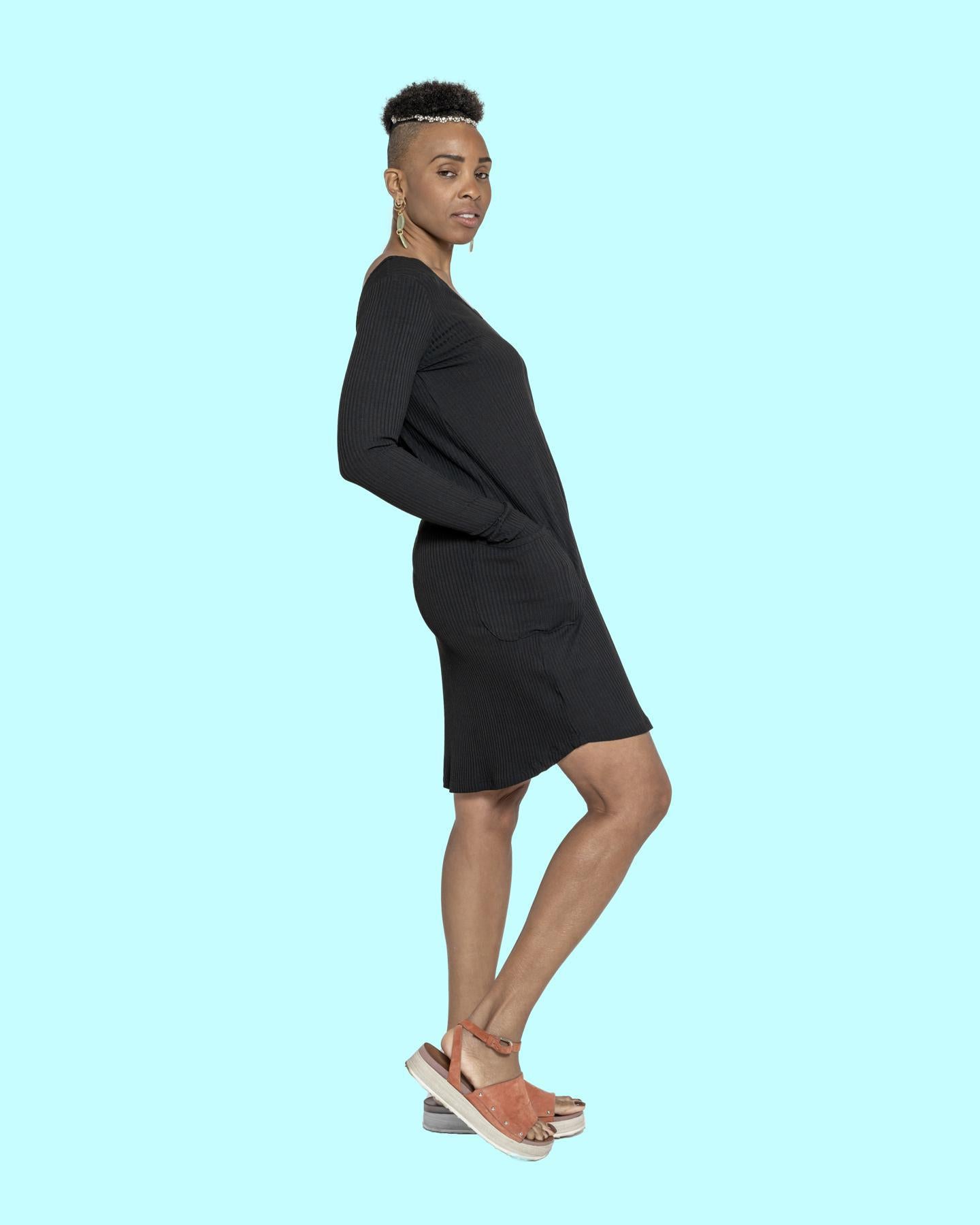 Squasht Long Sleeve Shift Dress V-neck/ Scoop Neck Black Rib - SALE