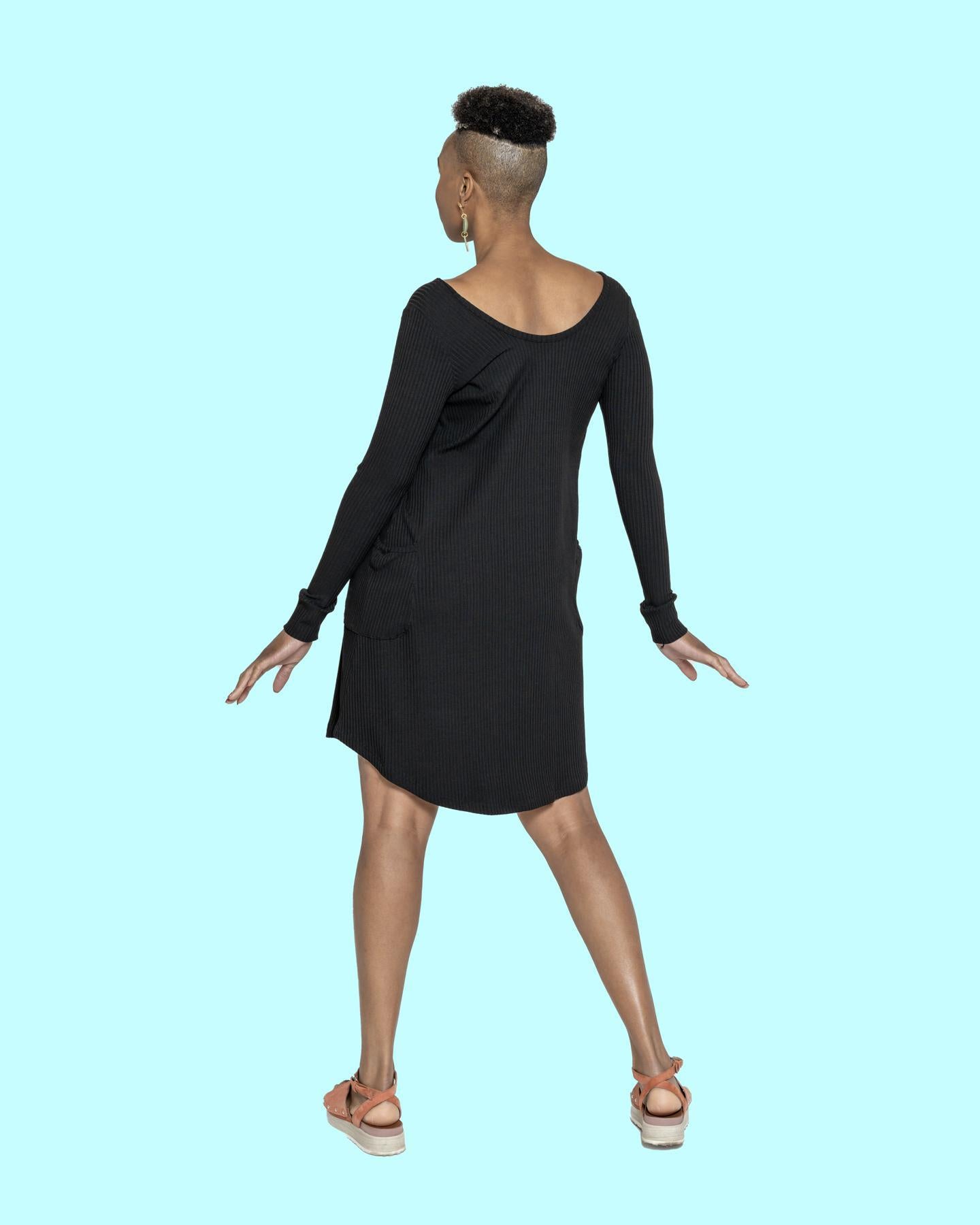 Squasht Long Sleeve Shift Dress V-neck/ Scoop Neck Black Rib - SALE