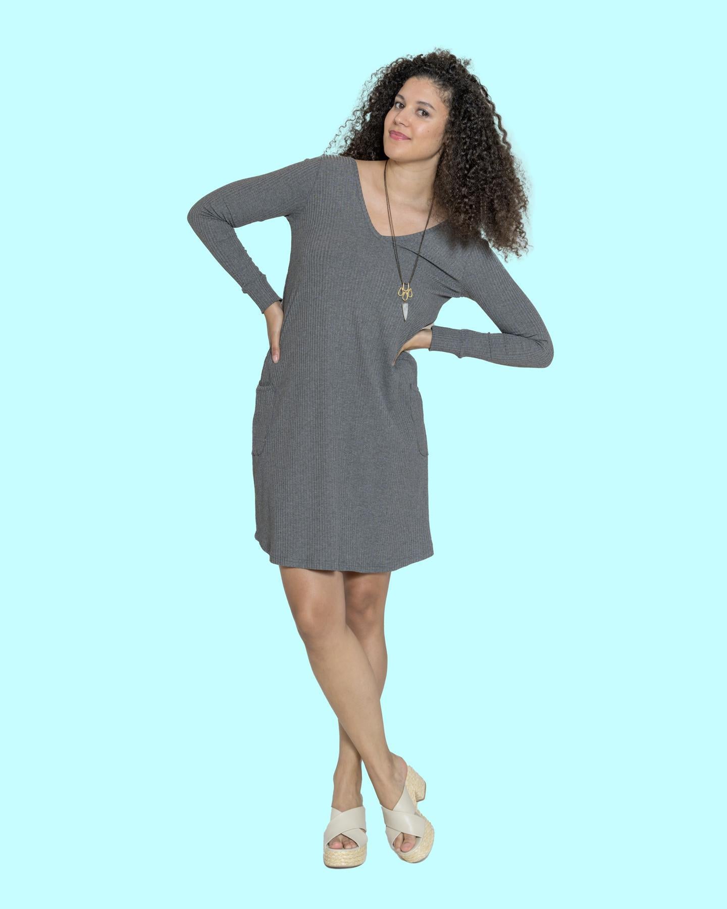 Squasht Long Sleeve Shift Dress V-neck/ Scoop Neck Heather Grey Rib Knit - SALE