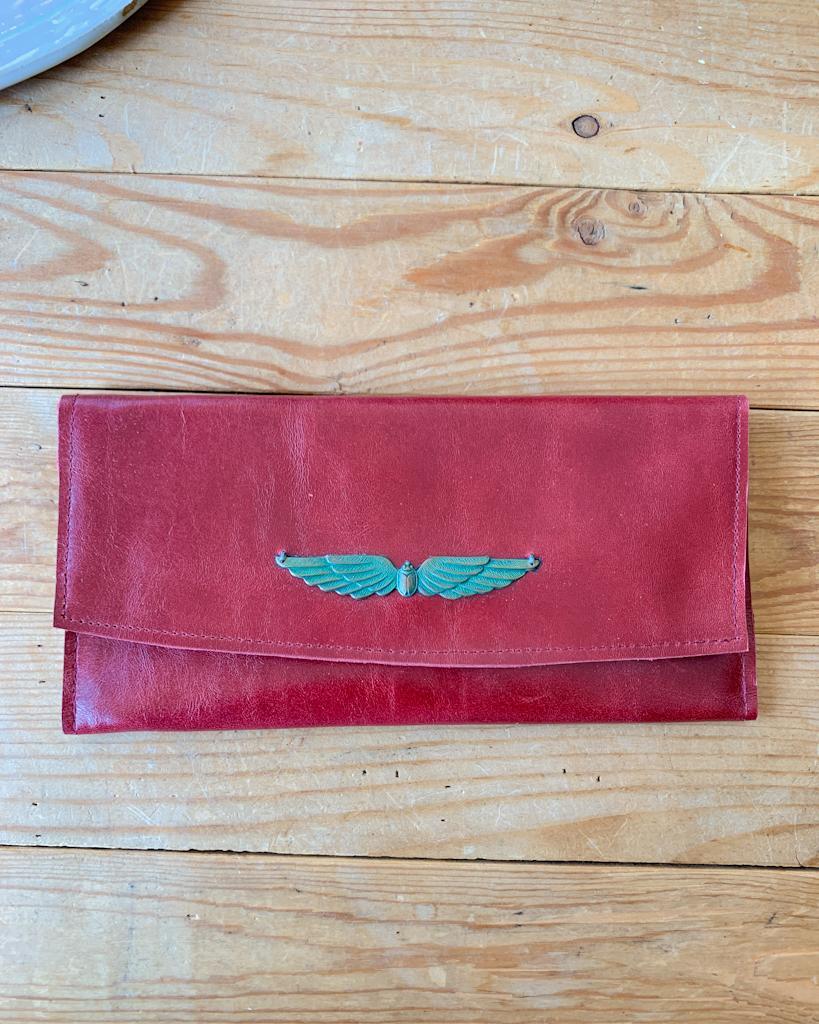 Vallente Leather Medium Clutch Wallet in Deep Red with Wings