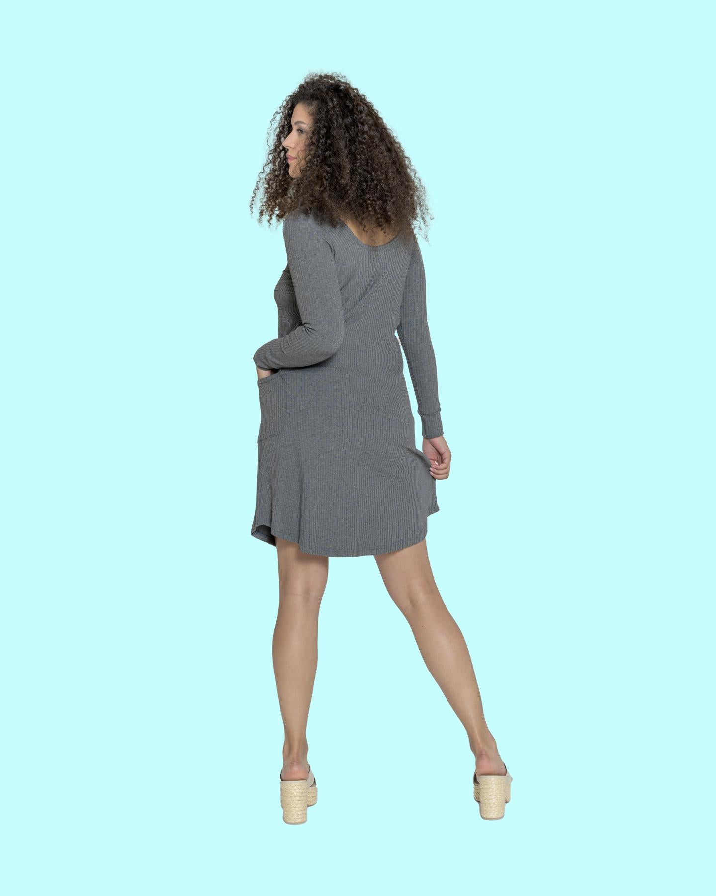 Squasht Long Sleeve Shift Dress V-neck/ Scoop Neck Heather Grey Rib Knit - SALE