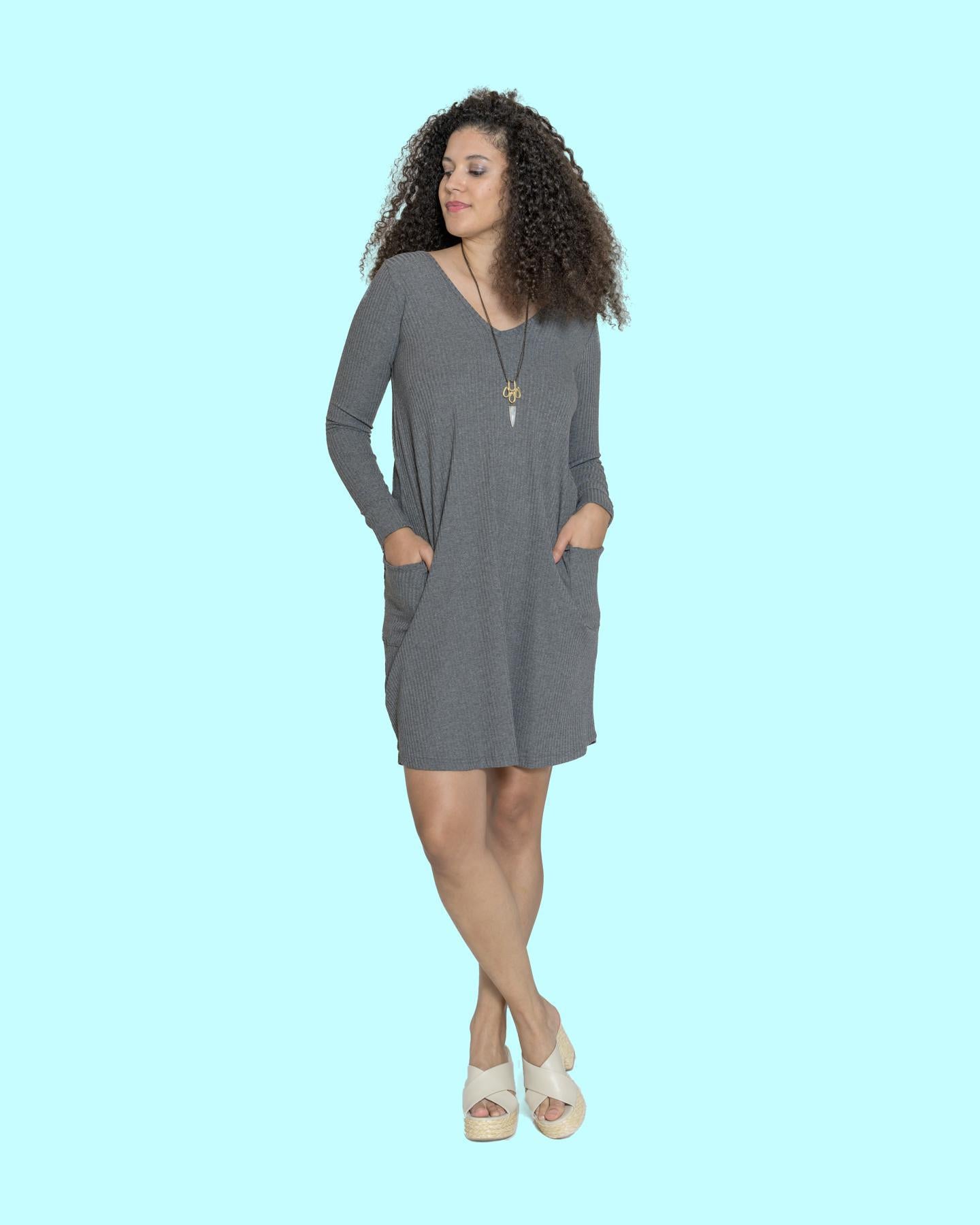 Squasht Long Sleeve Shift Dress V-neck/ Scoop Neck Heather Grey Rib Knit - SALE